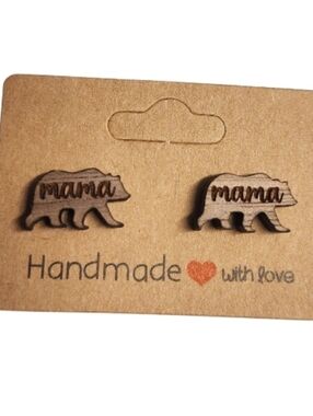 Mama Bear Script Wood Stud Earrings